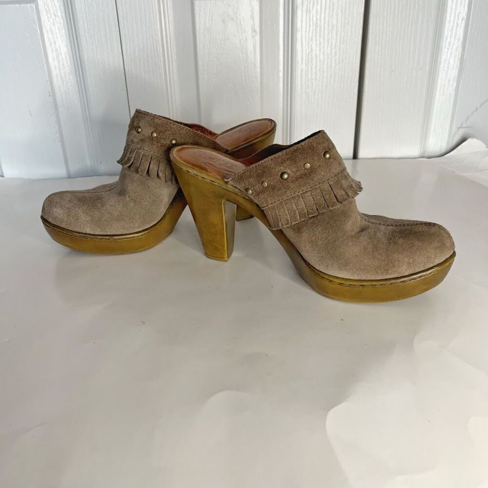 Born Tancy Suede Leather Platform Fringe Studded Slip On Clogs Mules